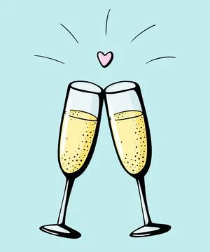 Vector doodle hand drawn illustration of two champagne glasses couple love drink Ilustração Stock