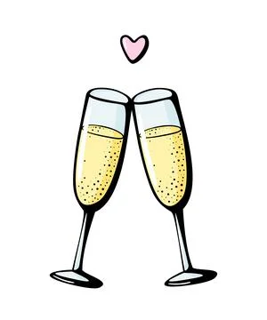 Vector doodle hand drawn illustration of two champagne glasses couple love drink Ilustração Stock