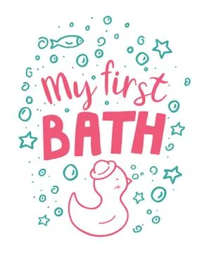 Vector doodle hand drawn template My first Bath Stock Illustration