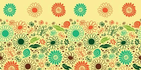 Vector doodle happy daisy yellow pen scribbles horizontal border pattern. Sui Illustrazione stock