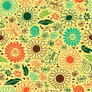 Vector doodle happy daisy yellow pen scribbles seamless repeat pattern with.. Stock Illustration