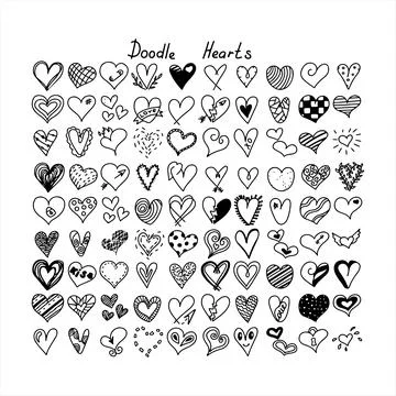 Vector doodle hearts hand drawn set. Talk clouds sketching illustration. Stock Illustration