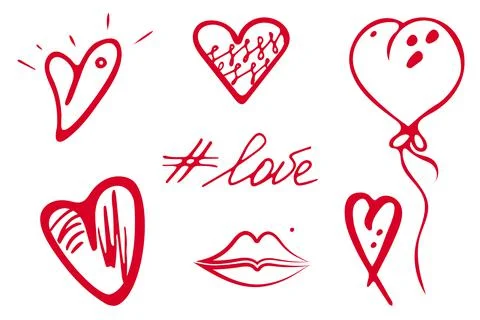 Vector doodle hearts icons set, hand drawn brush ink line, love concept Stock Illustration