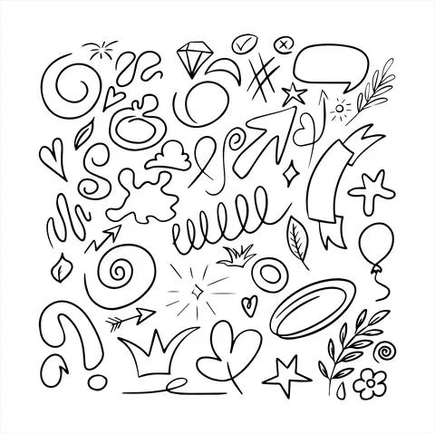 Vector doodle hearts Speech hand drawn bubbles set. Talk clouds sketching Stock Illustration