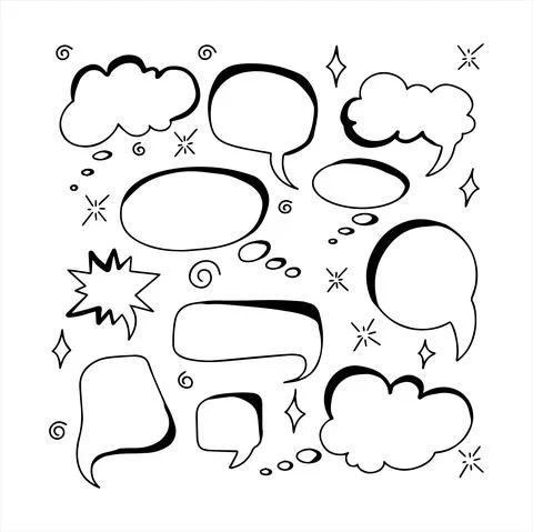 Vector doodle hearts Speech hand drawn bubbles set. Talk clouds sketching 스톡 일러스트