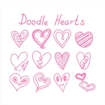 Vector doodle hearts Speech hand drawn bubbles set. Talk clouds sketching Stock Illustration