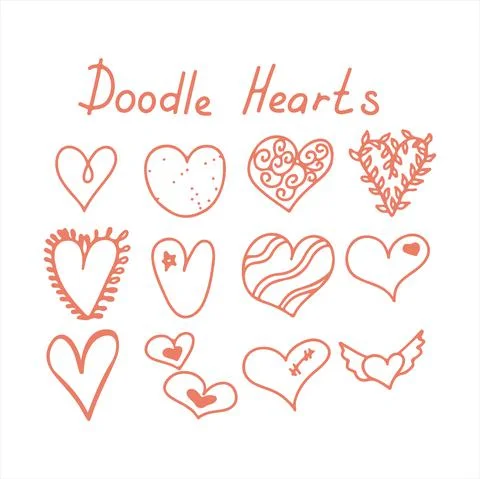 Vector doodle hearts Speech hand drawn bubbles set. Talk clouds sketching Stock Illustration