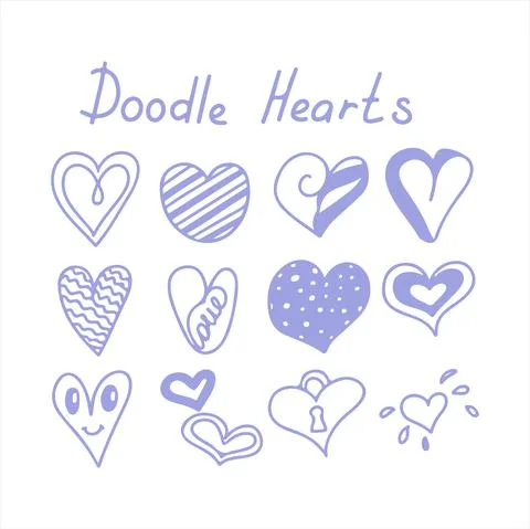 Vector doodle hearts Speech hand drawn bubbles set. Talk clouds sketching Stock Illustration