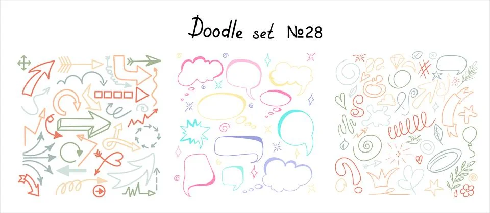 Vector doodle hearts Speech hand drawn bubbles set. Talk clouds sketching Stock Illustration