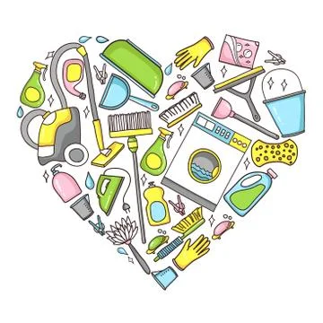 Vector doodle  illustration of cleaning equipment in a heart sha Stock Illustration