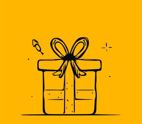 Vector doodle illustration of a gift box on a yellow background. Stock Illustration