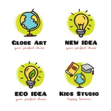 Vector doodle logo collection. Funny cartoon style symbols. Stock Illustration