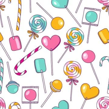 Vector doodle lollipops pattern. Bright sweet food hand drawn il Stock Illustration