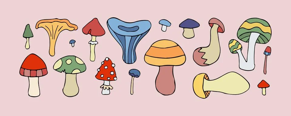 Vector doodle mushroom set, isolated fungi icon collection, retro 60s hippie Stock Illustration