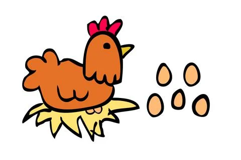 Vector Doodle Outline Hand Draw Sketch Hen, incubating eggs, isolated on whit Stock Illustration