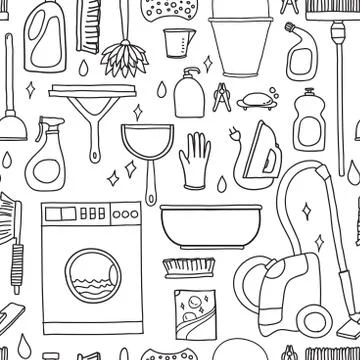 Vector doodle pattern of cleaning tools. Stock Illustration