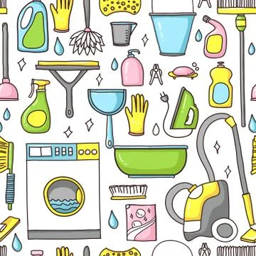 Vector doodle pattern of cleaning tools. Stock Illustration