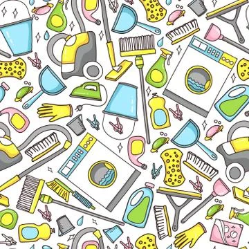 Vector doodle pattern of cleaning tools. Stock Illustration