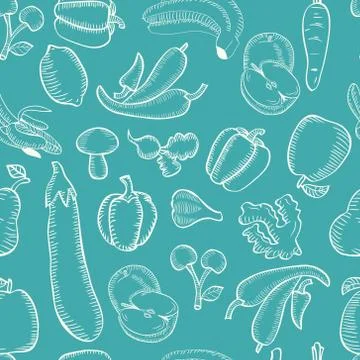 Vector doodle pattern hand drawn Organic fruits and vegetables. Stock Illustration