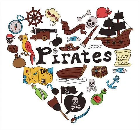 Vector doodle pirate heart. A map with a hand-drawn sketch of a mermaid ship and Stock Illustration