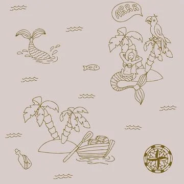 Vector doodle pirate seamless pattern. A map with a hand-drawn sketch of a Stock Illustration