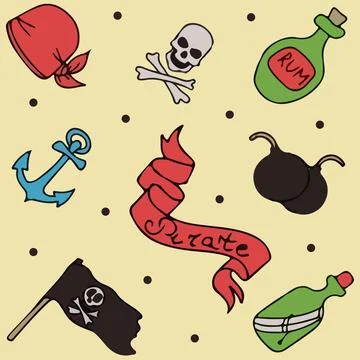 Vector doodle pirate seamless pattern. A map with a hand-drawn sketch of a Stock Illustration