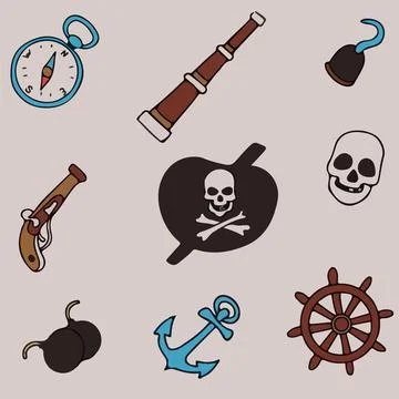 Vector doodle pirate seamless pattern. A map with a hand-drawn sketch of a Illustrazione stock