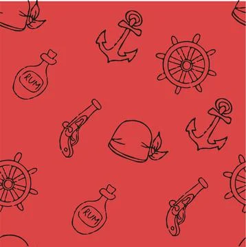 Vector doodle pirate seamless pattern. A map with a hand-drawn sketch of a イラスト素材