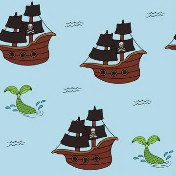 Vector doodle pirate seamless pattern. A map with a hand-drawn sketch of a Illustrazione stock