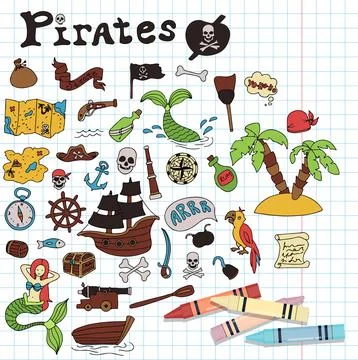 Vector doodle pirate set. A map with a hand-drawn sketch of a mermaid ship and Stock Illustration