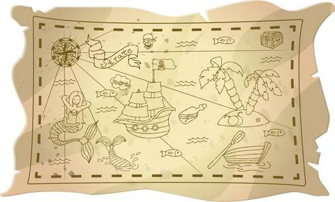 Vector doodle pirate set. A map with a hand-drawn sketch of a mermaid ship and Stock Illustration