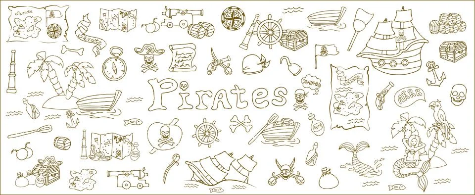 Vector doodle pirate set. A map with a hand-drawn sketch of a mermaid ship and Stock Illustration