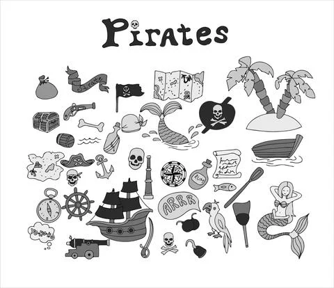 Vector doodle pirate set. A map with a hand-drawn sketch of a mermaid ship and Stock Illustration