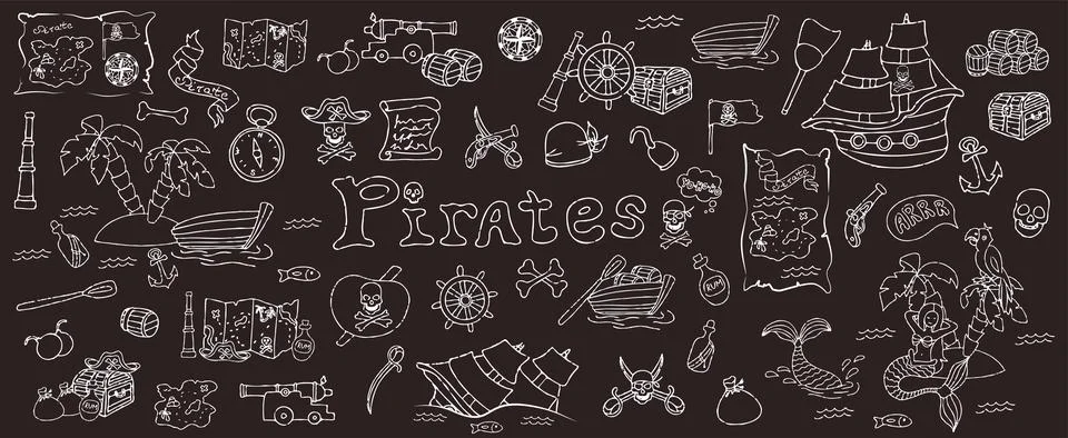 Vector doodle pirate set. A map with a hand-drawn sketch of a mermaid ship and Stock Illustration