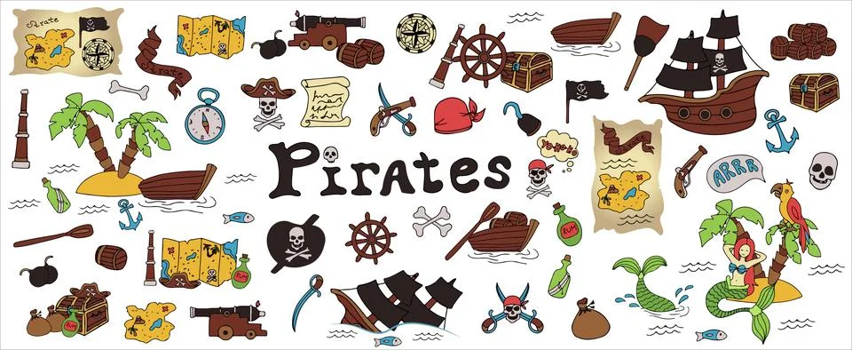 Vector doodle pirate set. A map with a hand-drawn sketch of a mermaid ship and Stock Illustration
