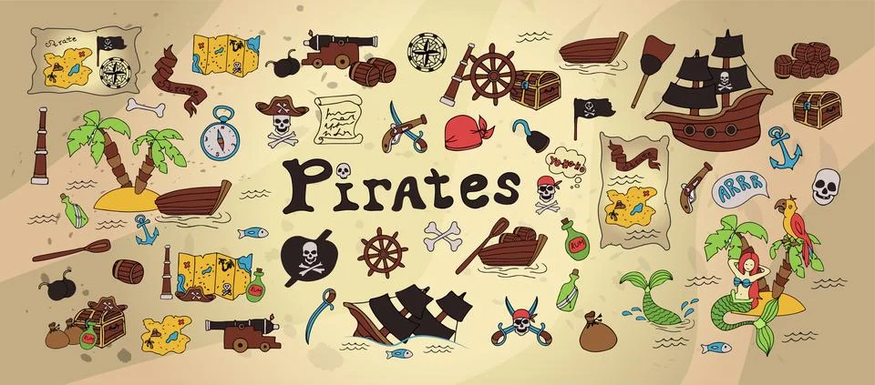 Vector doodle pirate set. A map with a hand-drawn sketch of a mermaid ship and Stock Illustration