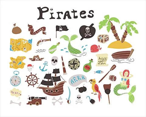 Vector doodle pirate set. A map with a hand-drawn sketch of a mermaid ship and Stock Illustration
