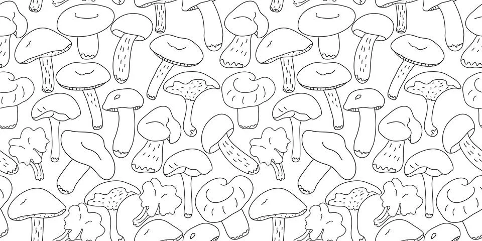 Vector doodle seamless pattern with forest edible mushrooms on white. Illustrazione stock