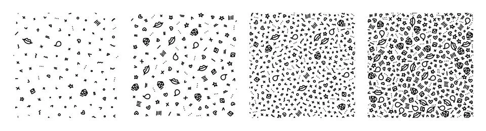 Vector doodle seamless pattern set. Tiny elements hand drawn hearts, lips, .. Stock Illustration