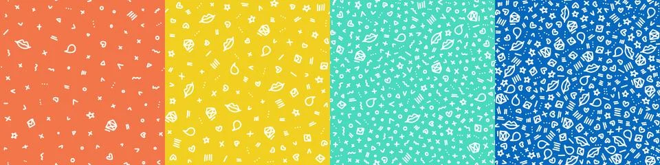 Vector doodle seamless pattern set. Tiny elements hand drawn hearts, lips, ki Stock Illustration