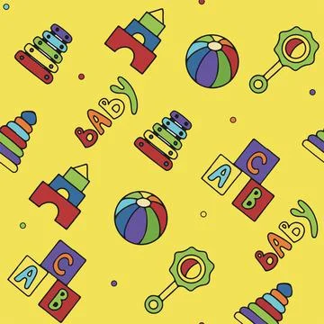 Vector doodle seamless pattern with toys. Hand draw collection of toys icons for Stock Illustration