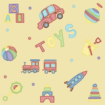 Vector doodle seamless pattern with toys. Hand draw collection of toys icons for Stock Illustration