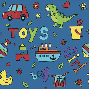 Vector doodle seamless pattern with toys. Hand draw collection of toys icons for Stock Illustration