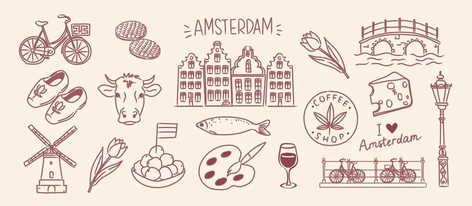Vector doodle set of Amsterdam city symbols. Hand drawn elements including .. イラスト素材