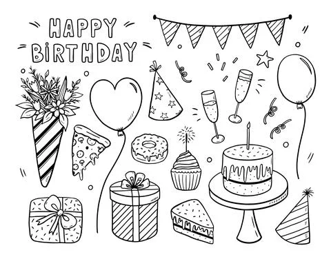 Vector doodle set of birthday design elements Stock Illustration