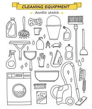 Vector doodle set of cleaning tools. Stock Illustration