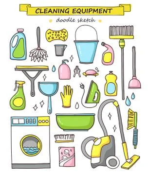 Vector doodle set of cleaning tools. Stock Illustration