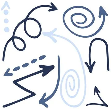 Vector doodle set with dark and light blue arrows on white background. Hand d Stock Illustration