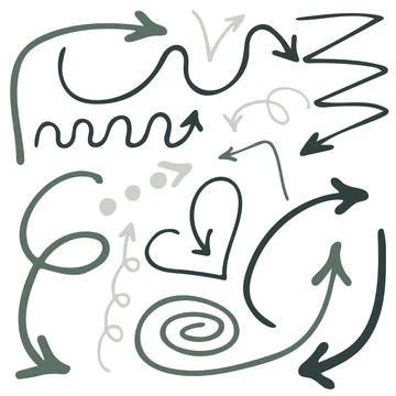 Vector doodle set with dark and light green arrows on white background. Hand  Stock Illustration