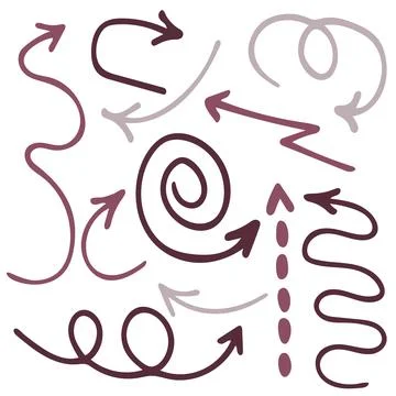 Vector doodle set with dark and light purple arrows on white background. Hand Stock Illustration